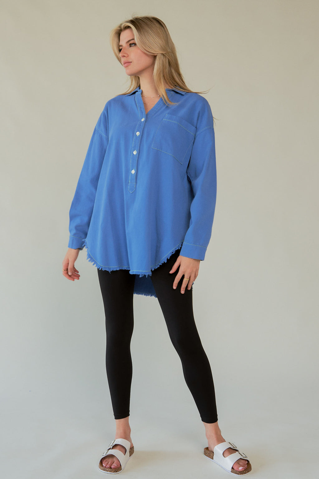Davi & Dani USA Blue Shirt AMOR Letter Cotton Back Raw Hem Half Button 374e0abe-14b5-4fc5-a458-ec1ab3cb266d-Max Trendsi