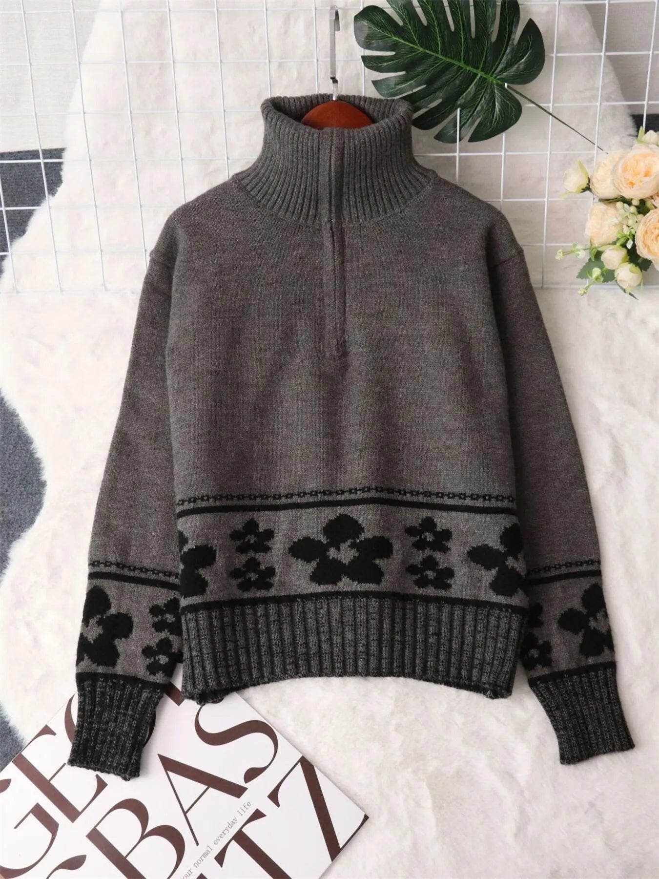 Women's Sweater Flower Hem Zip Collar Long Sleeve Stylish Pullover 37515decf3124dc9bd3331633c77dceb-Max-Origin Trendsi