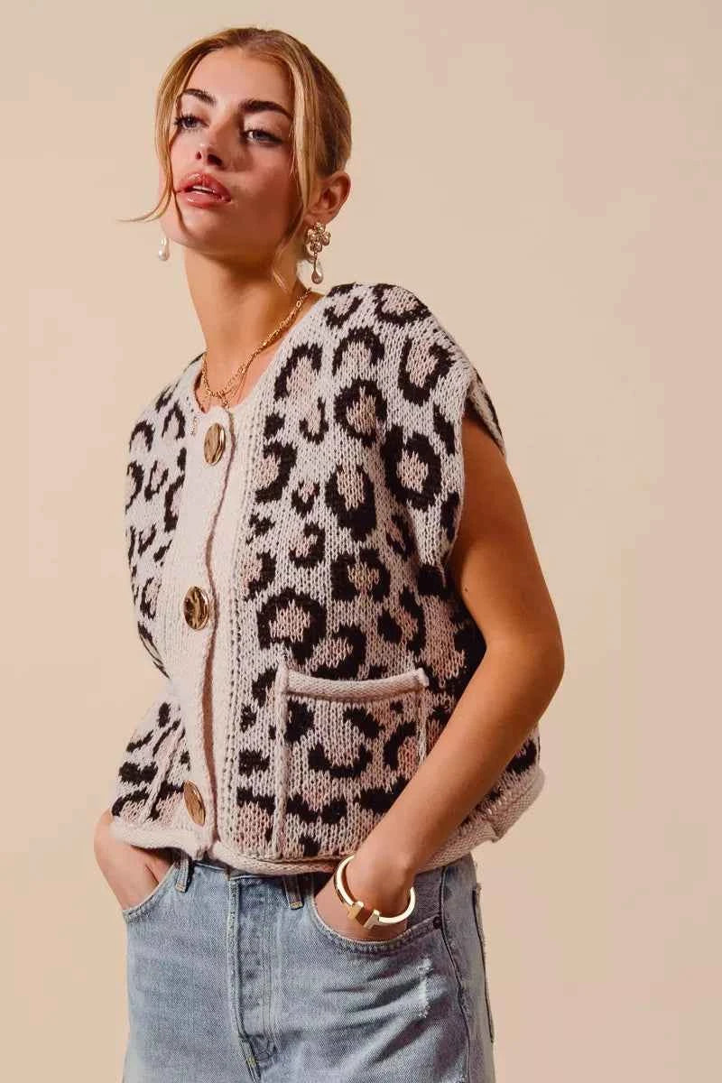 SO ME Big Metal Button Front Leopard Sweater Vest Top