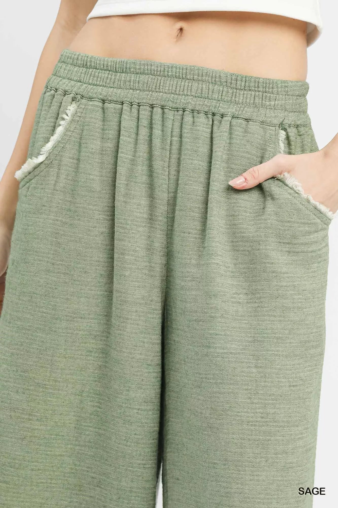 Umgee Sweatpants Wide Leg Sage Green Frayed Hem and Pockets 3760414e-71bc-4928-911a-ecbf419a1a3b-Max-Origin Trendsi