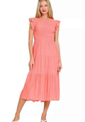Zenana Midi Dress Coral Woven Smocked Ruffle Short Sleeve CORAL 376a2e4262314a8bb1f261c2a4c28d5e-Max-Origin Trendsi