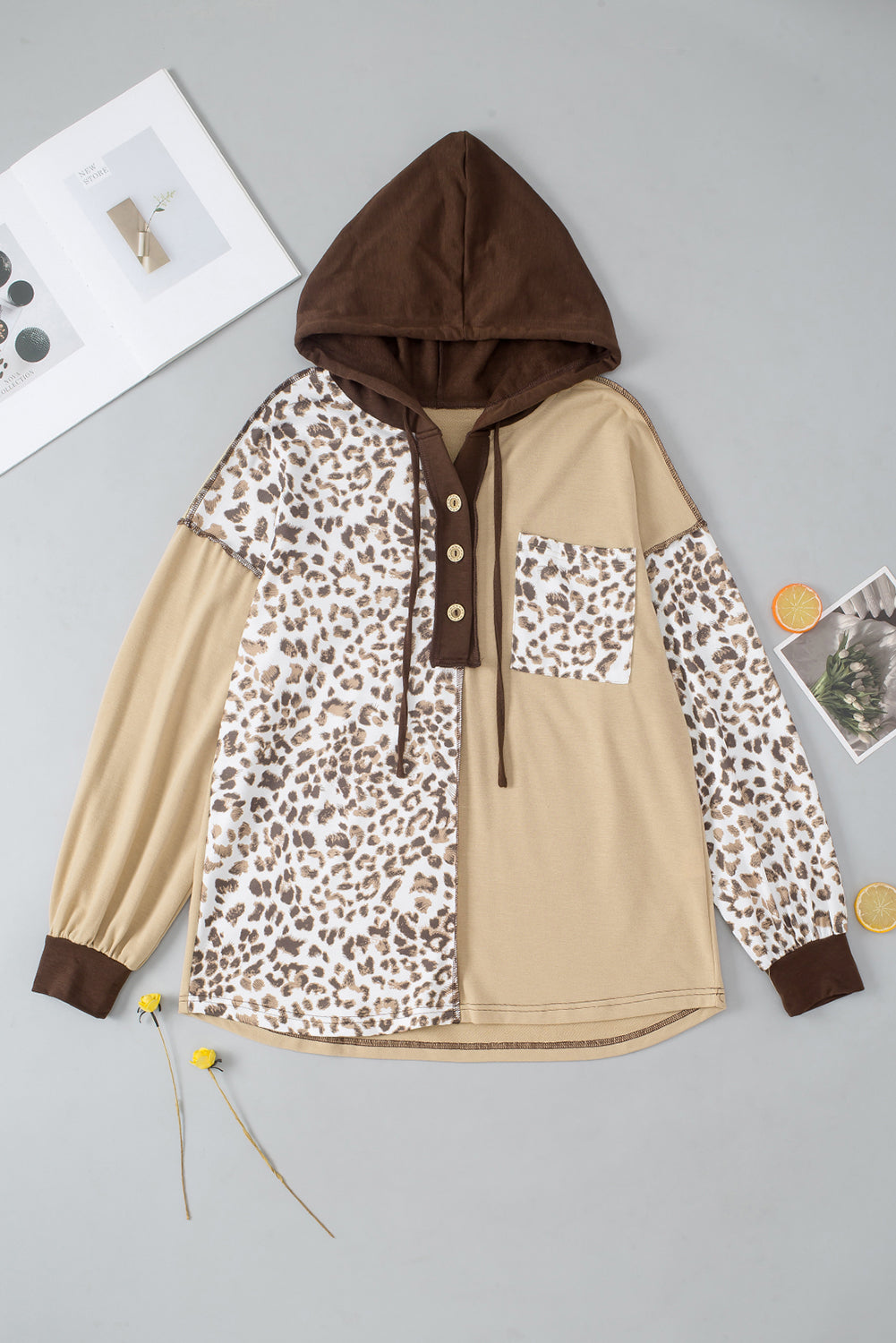 Women Leopard Hoodie Hooded Chest Pocket Half Button Long Sleeve Tops