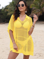 Cover-Up Dress Hollow Out Collared Neck Short Sleeve Sheer Openwork 3794934c-5602-4469-9a14-3d38ccc48f45-Max Trendsi