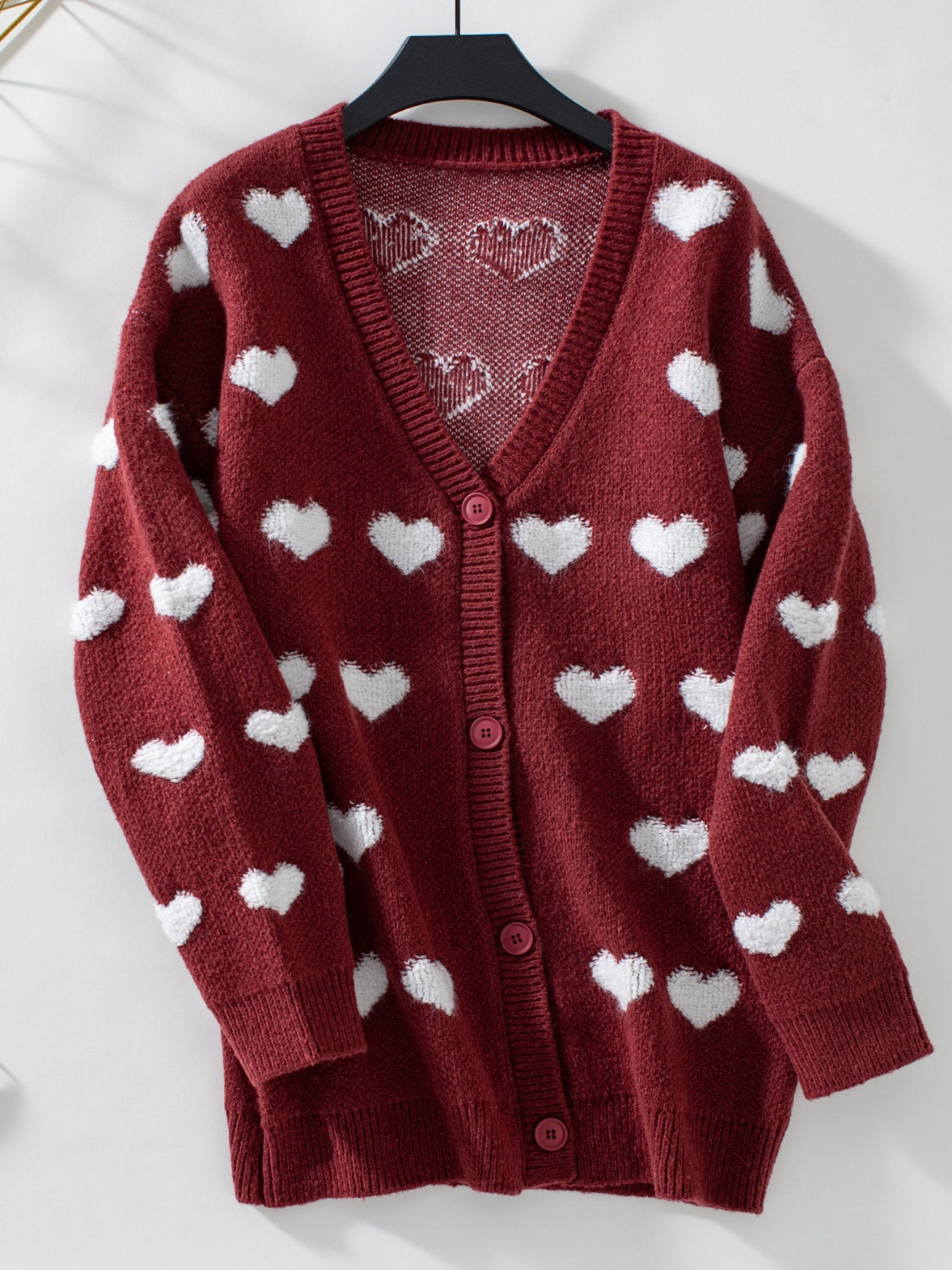 Women Cardigan Heart V-Neck Button Up Long Sleeve Soft Acrylic Knitwear Burgundy