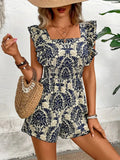 Women's Romper Ruffled Paisley Printed Square Neck Short Sleeve Smocked Dusty Blue 37969b3a1f634c6f9bc90086fb229cf3-Max-Origin Trendsi