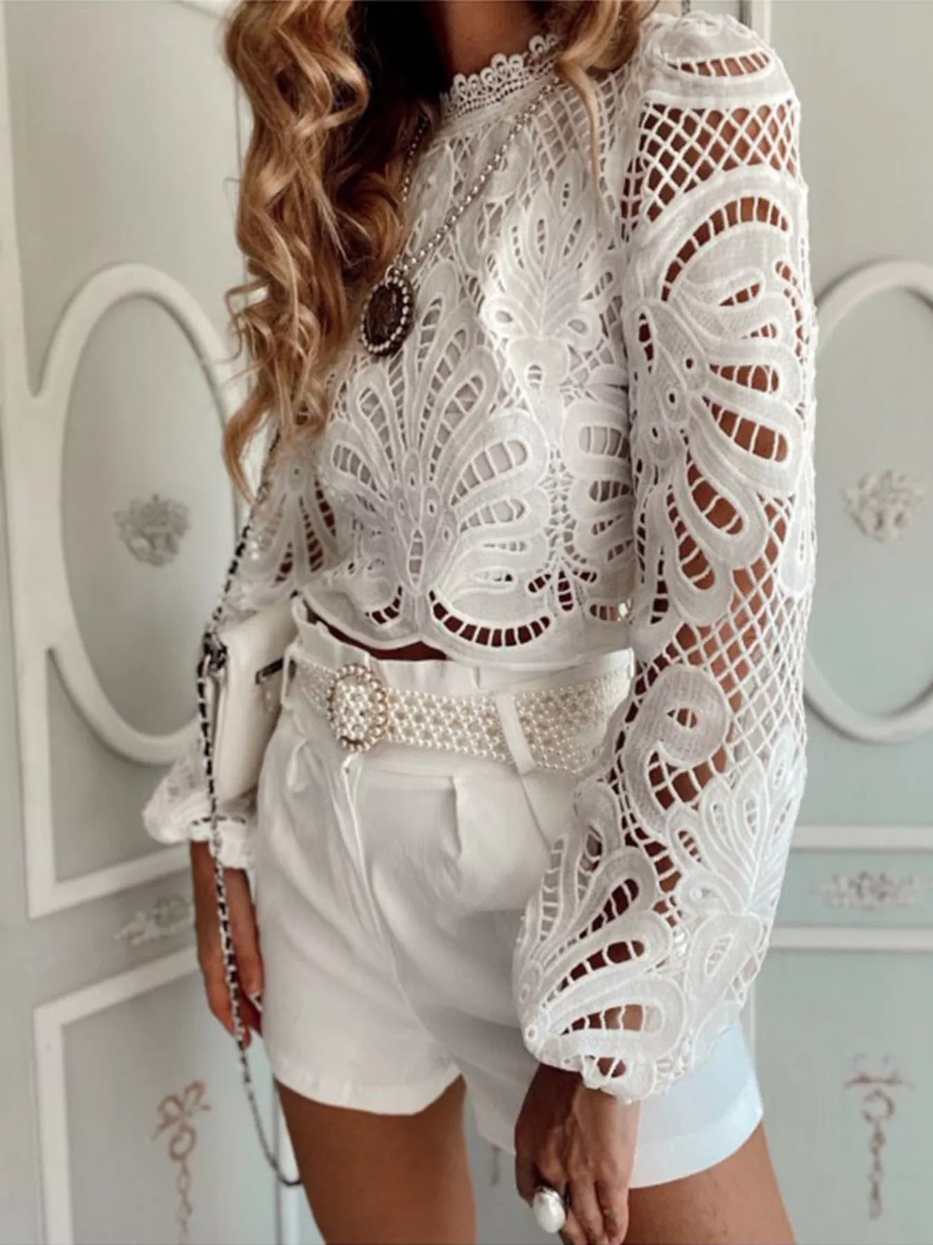 Women's Blouse White Lace Crochet Long Sleeve Cutout Party Top 379a2695ba524cef86afaf7e7923b6a0-Max-Origin Trendsi