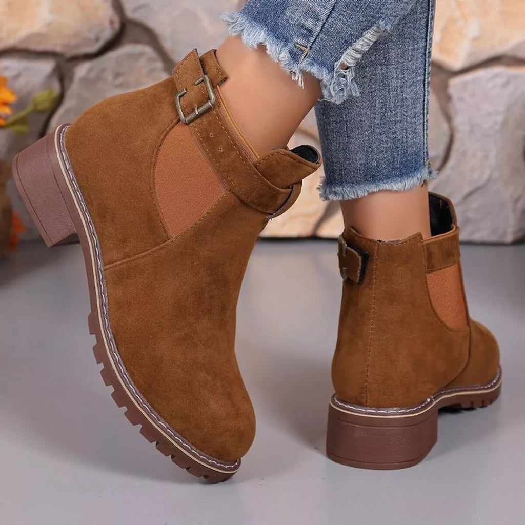 Women's Ankle Boots Round Toe Block Mid Heels Shoes Camel 379b0c572e5e4df68457057ecaeeaf5d-Max-Origin Trendsi