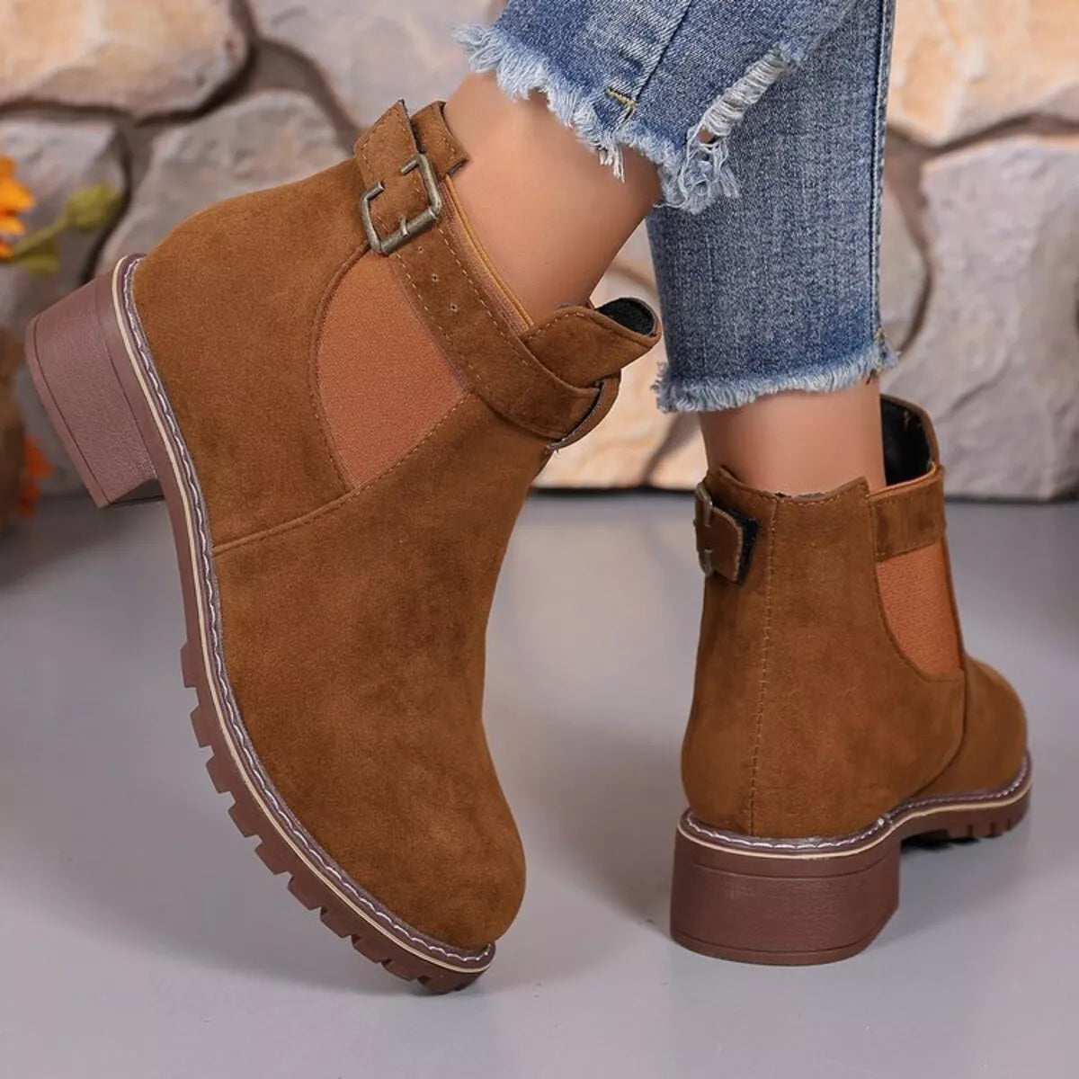 Women's Ankle Boots Round Toe Block Mid Heels Shoes Camel 379b0c572e5e4df68457057ecaeeaf5d-Max-Origin Trendsi