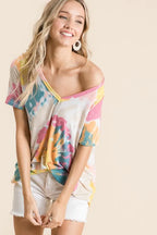 BiBi Circular Tie Dye Print Womens Blouse V Neck Top Short Sleeves 379bc62b12d0457b8db0cda093b623ea-Max-Origin Trendsi