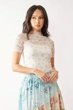 Davi & Dani Floral Mesh Top Women's Mock Neck Short Sleeve Blouse INDIAN PINK 37a11ec466f249b6b622526e9a87c124-Max-Origin Trendsi