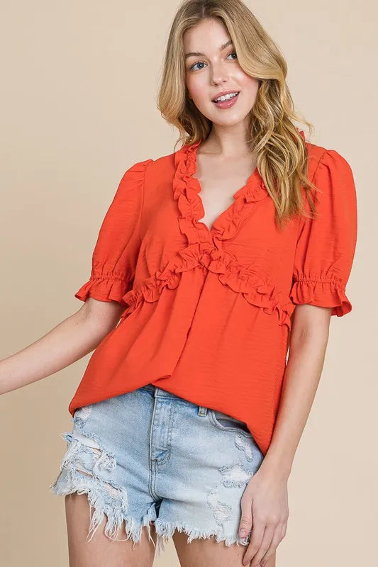 Lime 'N' Chili Babydoll Top Orange Ruffled Deep V-Neck Puff Short Sleeve 37a2e0c4c9b8447b8293e890a919cff6-Max-Origin Trendsi