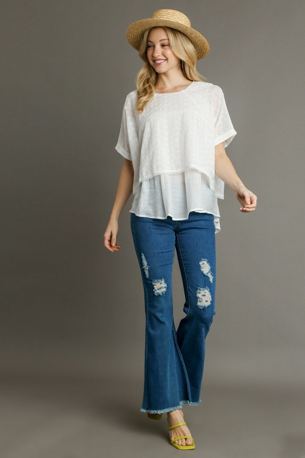 Umgee Blouse White Eyelet Layered Cotton Short Sleeve Top 37a74a41-4014-4941-a6a8-245397457e27-Max Trendsi