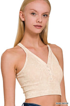 Zenana Washed Ribbed Seamless Button V-Neck Tank Top