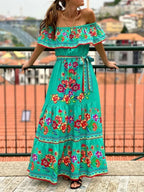 Floral Maxi Dress Off Shoulder Ruffle Belted High Waisted Ruched 37abc4f9-80e1-4d86-bbcd-e8993cb81a25-Max-Origin Trendsi