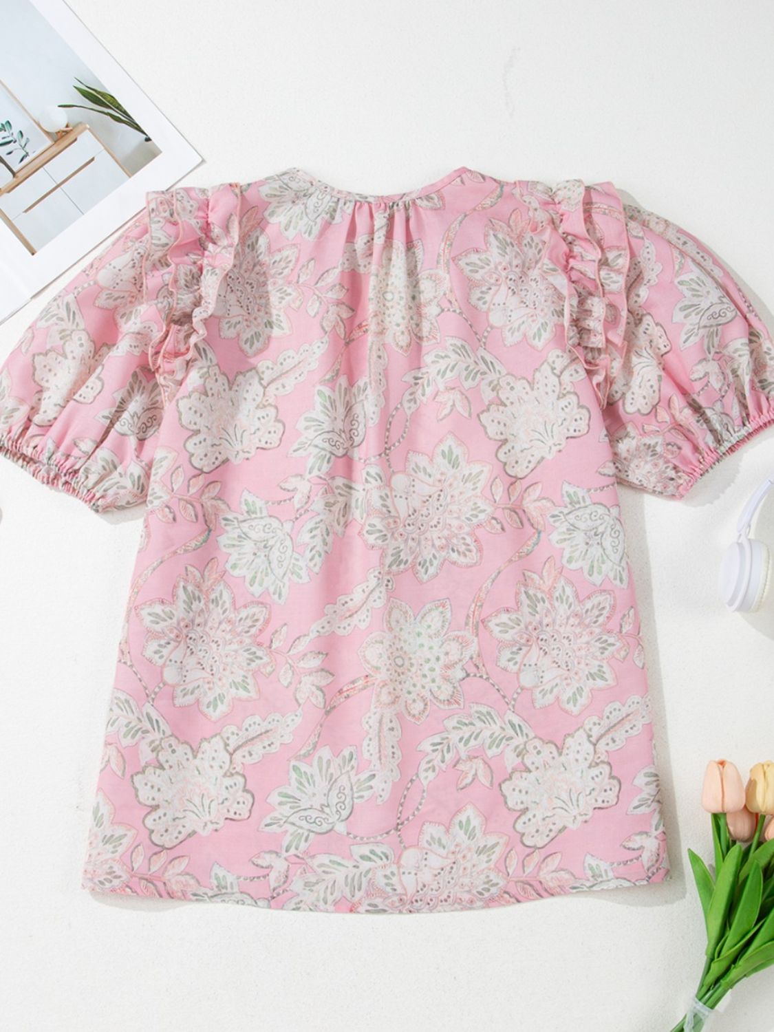 Floral Blouse Ruffle Tie Neck Puff Short Sleeve Blush Pink Top 37b3fa46-9f82-4966-b76b-a1ca1303531e-Max Trendsi