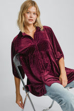 Umgee Shirt Blouse Women Burgundy Velvet Polka Dot Button Up Half Sleeve 37b430cc-9a45-4e87-a1e2-9f95b0b02faa-Max Trendsi