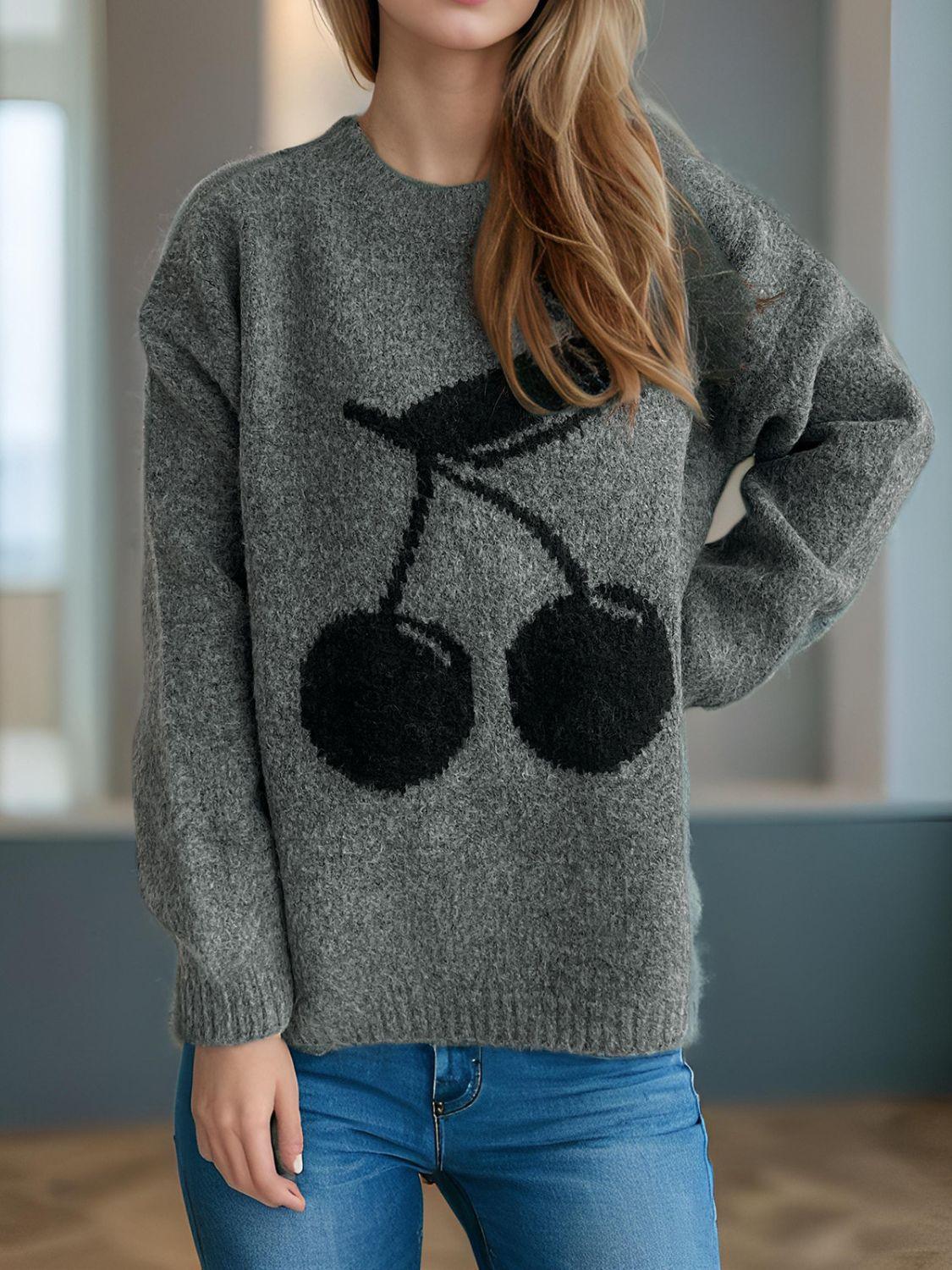 Cherry Sweater Round Neck Long Sleeve Casual Basic Knitwear 37b5797d-ede6-42b1-aaa7-0689a5a455a9-Max Trendsi