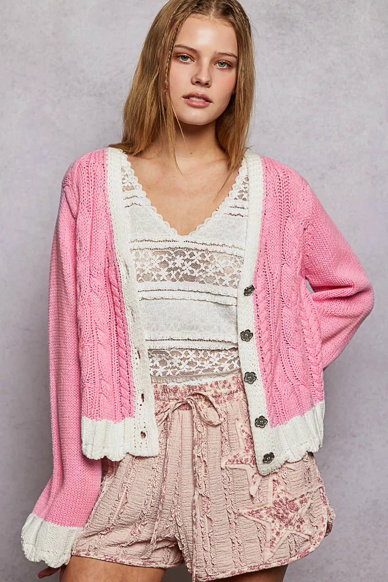 POL Womens Cable-Knit Cardigan Pink with Contrast Border Accents Buttoned BARBIE PINK 37c3f69a-85a0-4bc0-87b9-f0855314aa25-Max-Origin Trendsi
