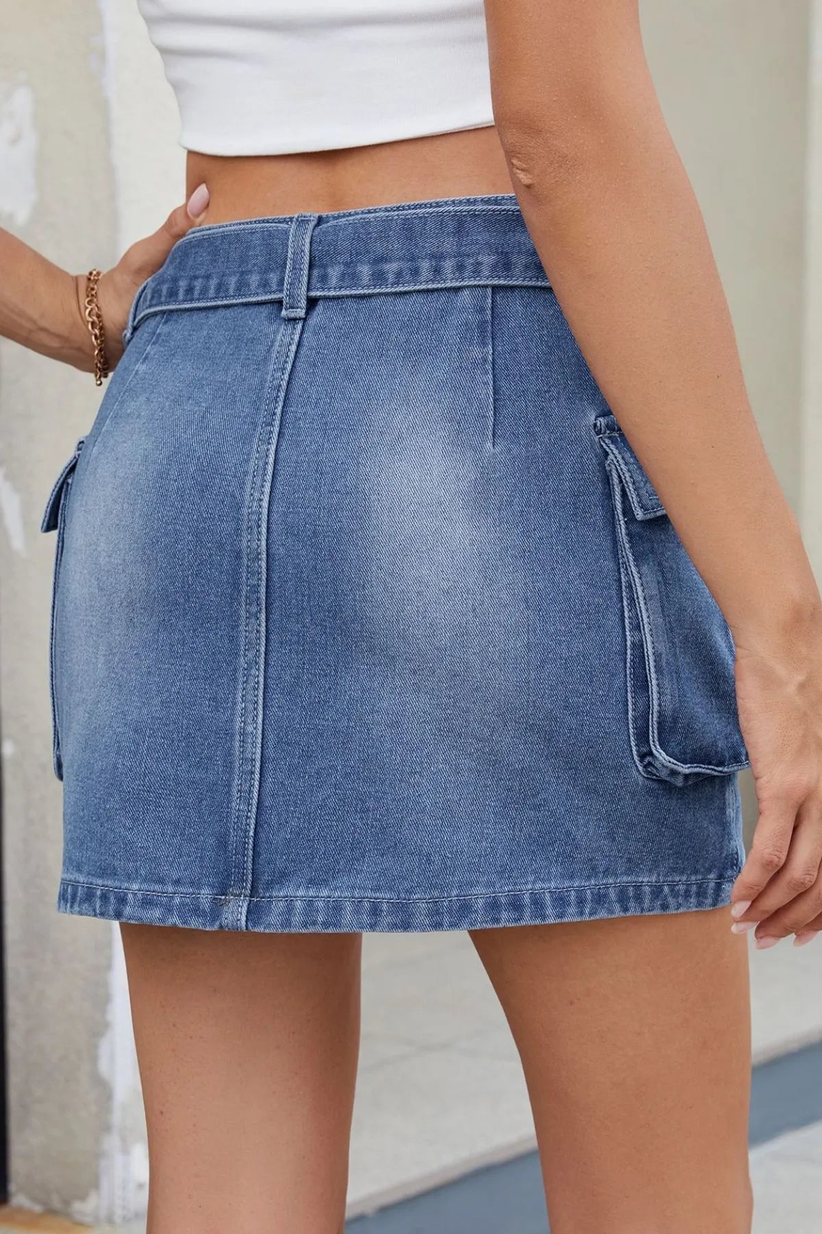 Denim Mini Skirt Criss-Cross Waist Detail with Crago Pockets Blue Black 37c7ddda-673d-4fe1-bdb4-0a7830d30299-Max-Origin Trendsi