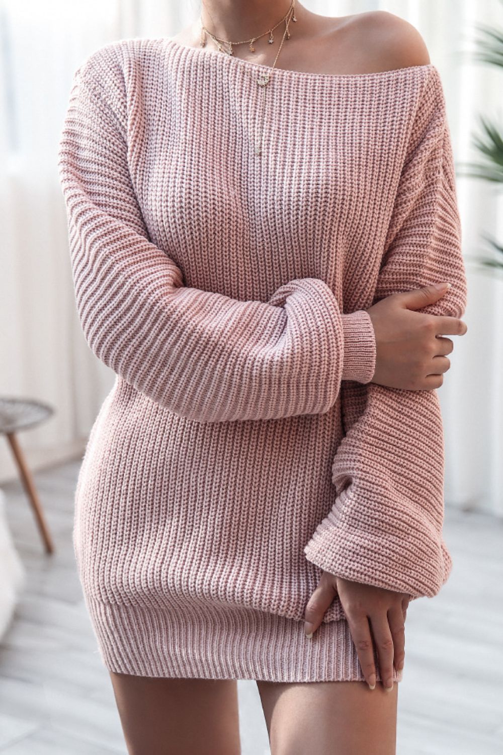 Mini Sweater Dress Boat Neck Long Sleeve Soft Acrylic Knit Basic Solid Style 37ccd7ae-2bd3-432d-89e2-de687e158a1d-Max Trendsi