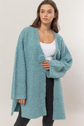 Sweater Cardigan US HYFVE Front Rosette Longline Slit Long Sleeve Ocean Blue 37d1834a-40a9-46e5-91ea-5d6d3fb6e2be-Max Trendsi