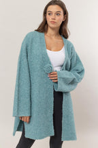 Sweater Cardigan US HYFVE Front Rosette Longline Slit Long Sleeve Ocean Blue 37d1834a-40a9-46e5-91ea-5d6d3fb6e2be-Max Trendsi