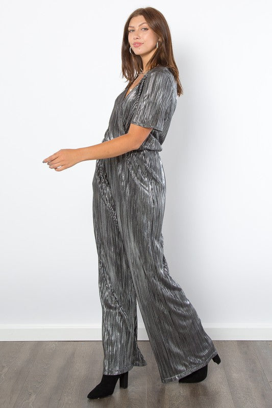 Be Stage Surplice Silver Foil Jumpsuit Short Sleeve Pleated V Neck Pocketed Overall 37d1c1d1-9caf-497a-9791-14d31bbdc8bd-Max Trendsi