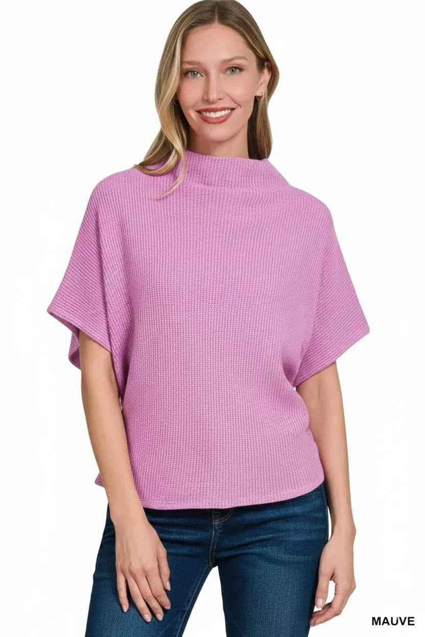 Zenana Women Sweater Mauve Mock Neck Knit Top with Side Shirred Short Sleeve 37d6d7e5-f67f-4c5d-9701-8b1ab823a300-Max-Origin Trendsi
