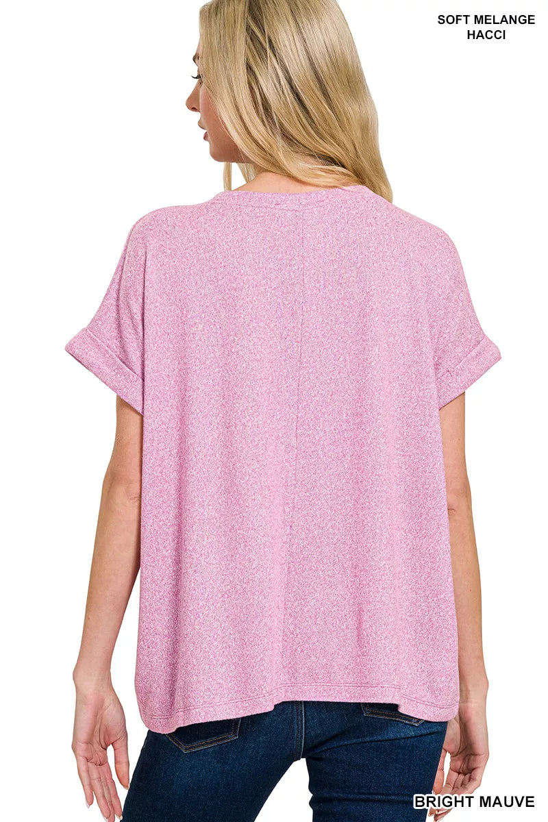 Zenana T-shirt Soft Melange Hacci Bright MauveShort Sleeve Round Neck Top 37ef2dd9-2a0b-4690-a3f0-889fed2602cb-Max-Origin Trendsi