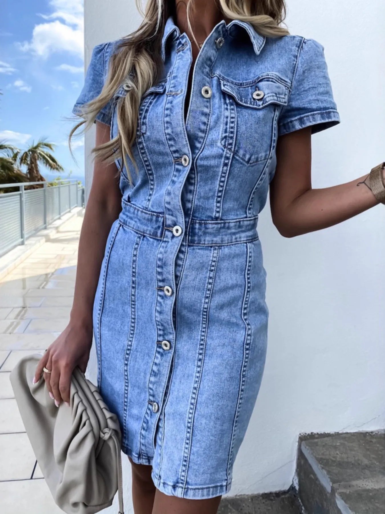 Denim Mini Shirt Dress Button Front Short Sleeve Slimming Medium Wash 37f3f8d8f3af4f39bacb9fd0385973dd-Max-Origin Trendsi
