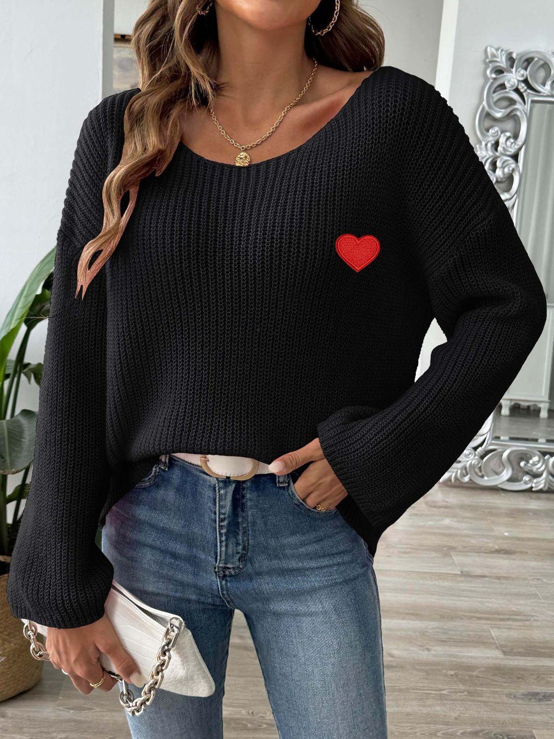 Sweater Heart Embroidered Boat Neck Dropped Shoulder Long Sleeve Black 37fa32c5-2960-403a-882c-ac88c2147507-Max Trendsi