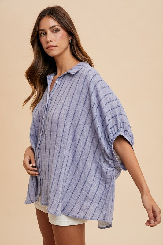 Women's Button-Up Shirt Striped Dusty Blue Cotton Annie Wear Half Sleeve Top