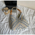 Women's Beach Crochet Shoulder Bag Medium Wave Knit Woven Blue Handbag