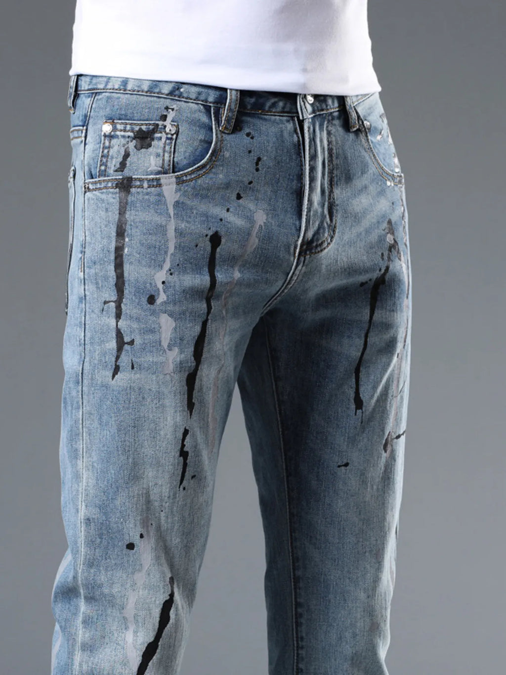 Men's Slim Fit Jeans Splatter-Paint Style Distressed Ligh Blue Denim Pants 3800ffa0dbe34f93b5c24b11a8839412-Max-Origin Trendsi