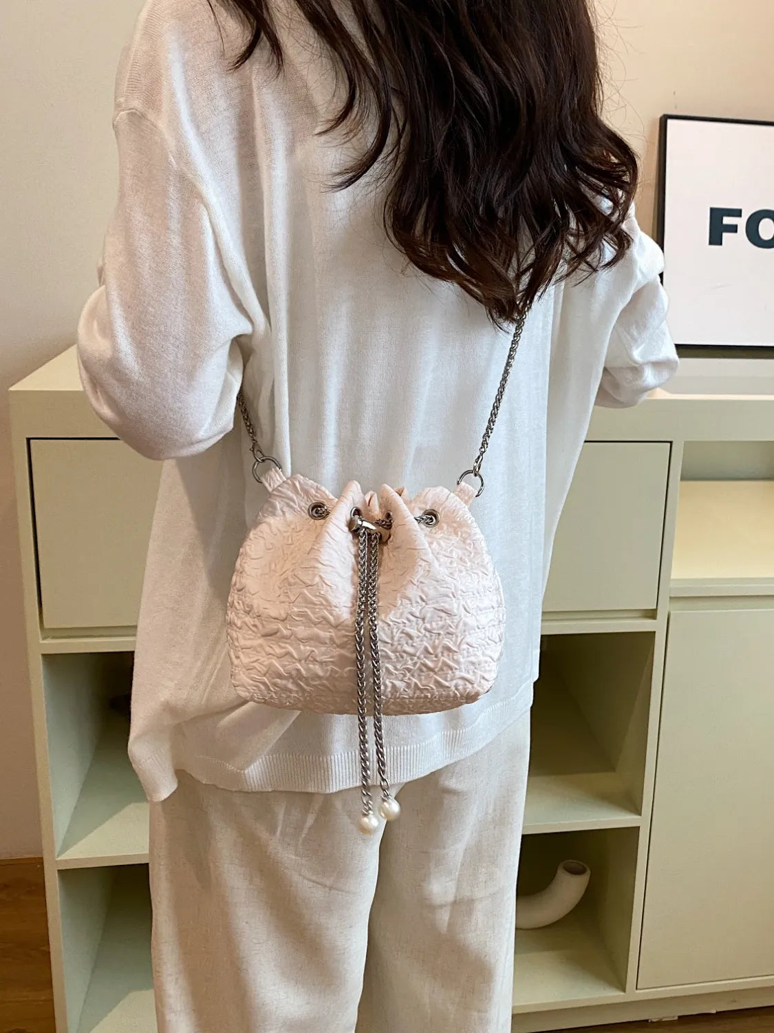Textured Chain Bucket Bag - Small Size Polyester