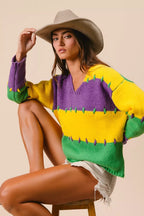 BiBi Womens Sweater Mardi Gras Stripes Stitch Detail Knit Pullover 380ac22f9a294843a4ebf9b533ed2c9e-Max-Origin Trendsi
