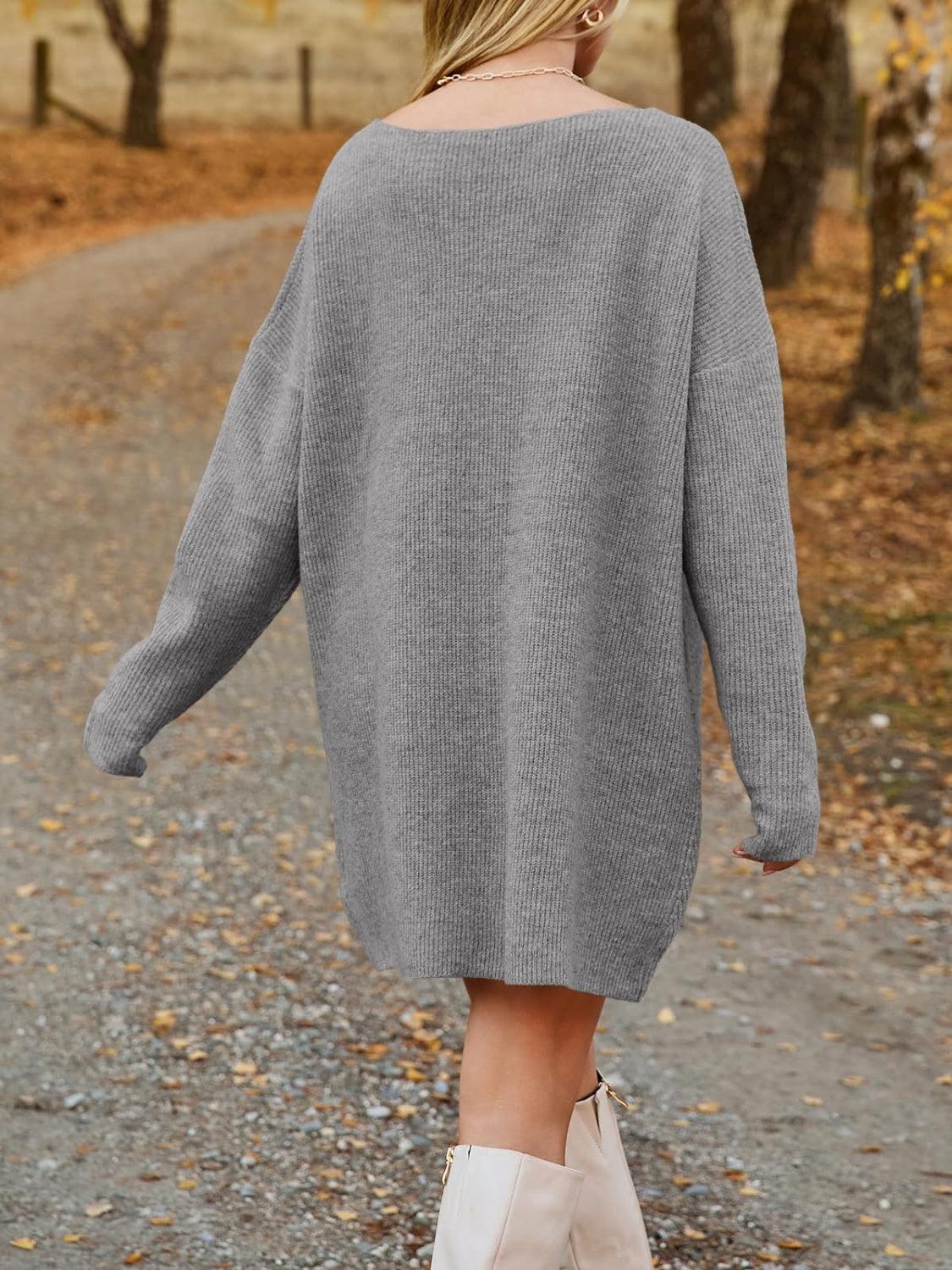 V-Neck Sweater Knit Dress Oversized Dropped Shoulder Sweater Dress 381a9d4e-d464-4092-81bf-0815c3263fde-Max Trendsi