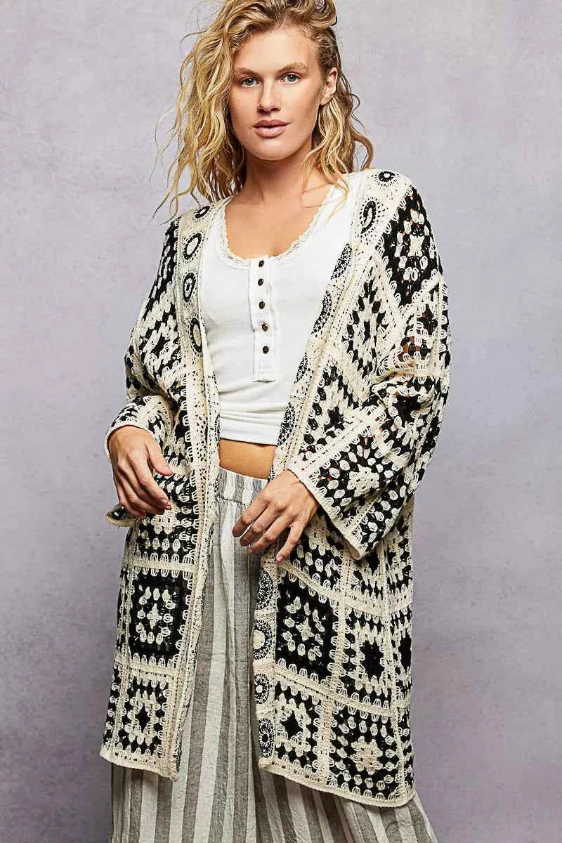 POL Crochet Cardigan Black Multi Longline Open Front with Granny Square Pattern 381f5f7b-ac6d-47bc-bea1-83890e461a43-Max-Origin Trendsi