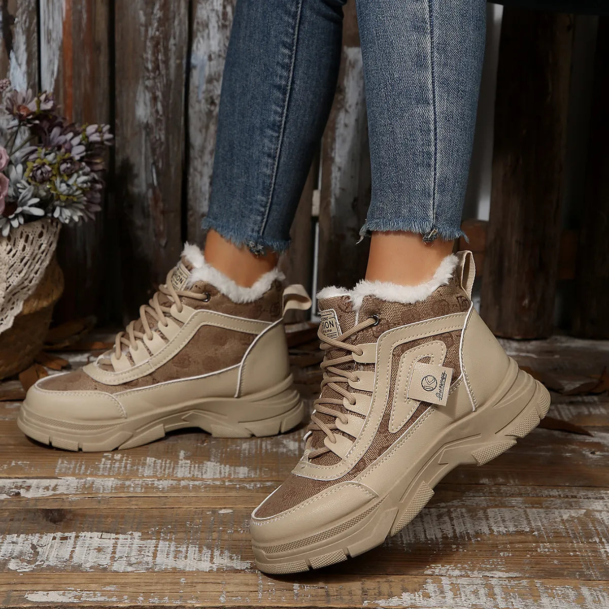 Women's Sneaker Boots High-Top Platform Chunky with Lace-Up Fluff Shoes 38200127d8ce491380f2a7d849c913f1-Max-Origin Trendsi