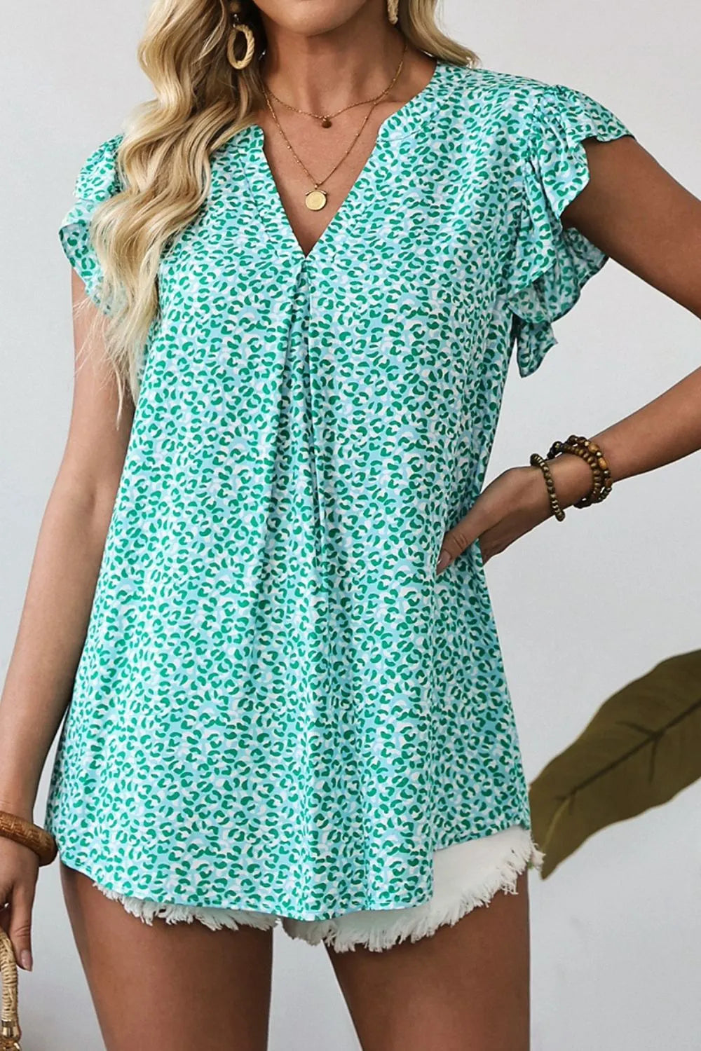 Women's Blouse Notched Turquoise Leopard Ruffle Short Sleeve Top Turquoise 38238b01-f457-4af8-92fc-c3f5733d1b8b-Max-Origin Trendsi