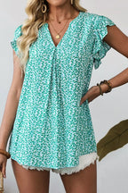 Women's Blouse Notched Turquoise Leopard Ruffle Short Sleeve Top Turquoise 38238b01-f457-4af8-92fc-c3f5733d1b8b-Max-Origin Trendsi