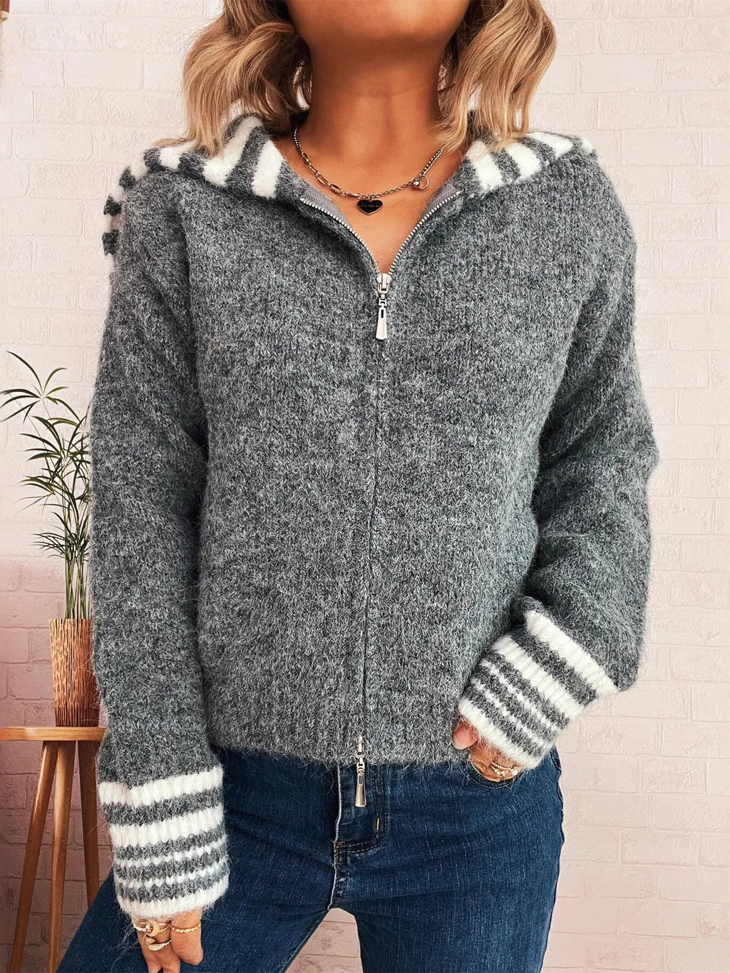 Women's Cardigan Striped Zip-Up Knit Long Sleeve Collared Gray One Size 3824b5b113e04028abb546ad2403a3ff-Max-Origin Trendsi