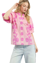 Umgee Womens Blouse Pink Floral Smocked Notched Puff Short Sleeve Top PINK 3825cb74-96fd-490c-88d0-44f052c338b2-Max-Origin Trendsi