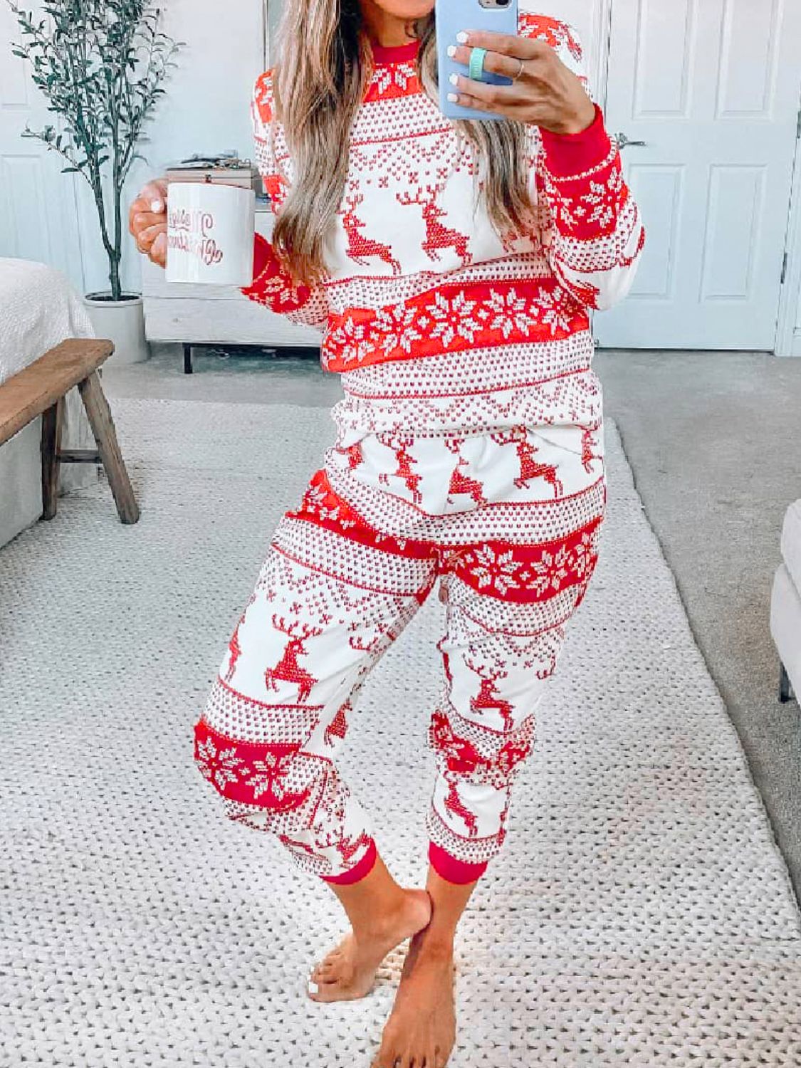 Christmas Pattern Women Loungewear Set Round Neck Top and Pants Set