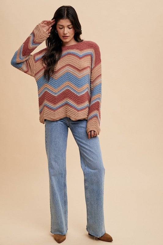 Women's Sweater Annie Wear Rose Multi Color Zig-Zag Round Neck Long Sleeve 382cb604-e3eb-41e3-8ab3-7ae27938bcf1-Max Trendsi
