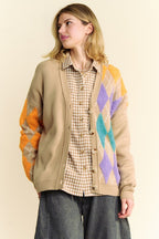 Davi & Dani Argyle Cardigan V-Neck Single Breasted Long Sleeve Sweater 382cfb81-4505-4223-baec-11971460be84-Max Trendsi