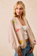 BiBi Knit Cardigan Womens Oatmeal Two Tone with Leaf Patches Open 384042d537174593aa6fad2af0211ad4-Max-Origin Trendsi