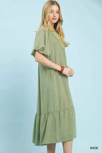 Umgee Midi Dress Sage Ruffled Puff Short Sleeve with V Neck Lace Detail 384168be-9d83-47f0-84c3-931e7abbcb82-Max-Origin Trendsi