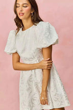 SO ME Jacquard Mini Dress White Floral Bubble Shorts Sleeves 384984a6c660400a9fa12bf328ff82ad-Max-Origin Trendsi
