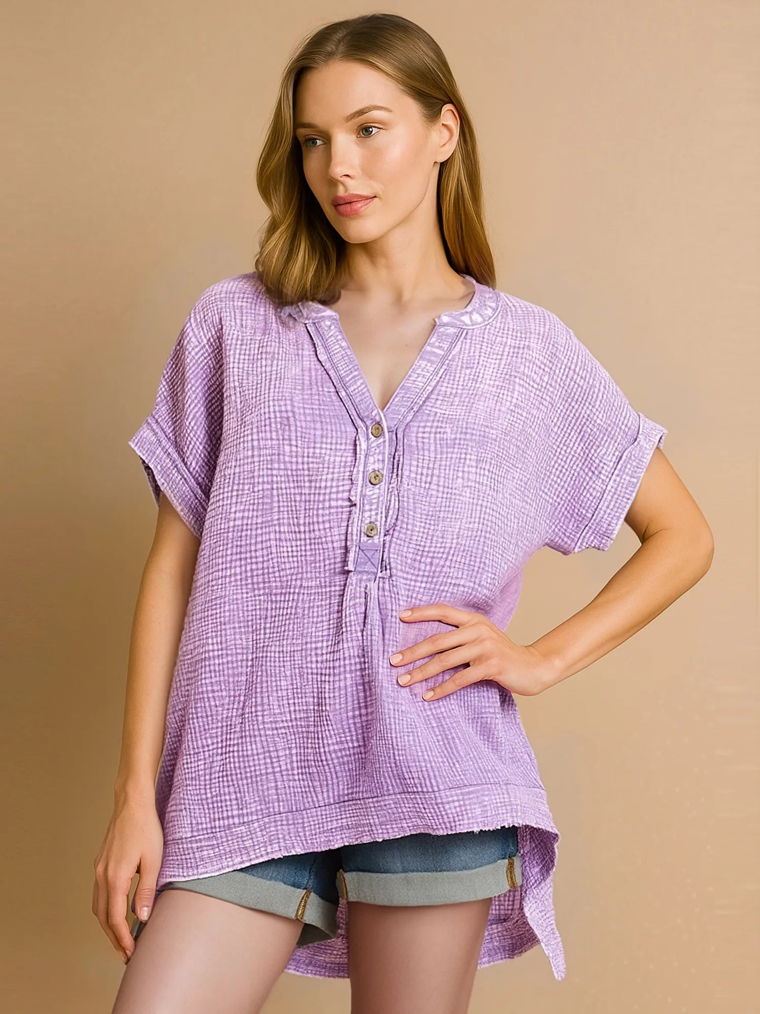 Zenana T-shirt Lavender Washed Double Gauze 3/4 Button Henley Neck Shirt LAVENDER 38584205-7b6d-4ea3-8877-2f6766230060-Max-Origin Trendsi